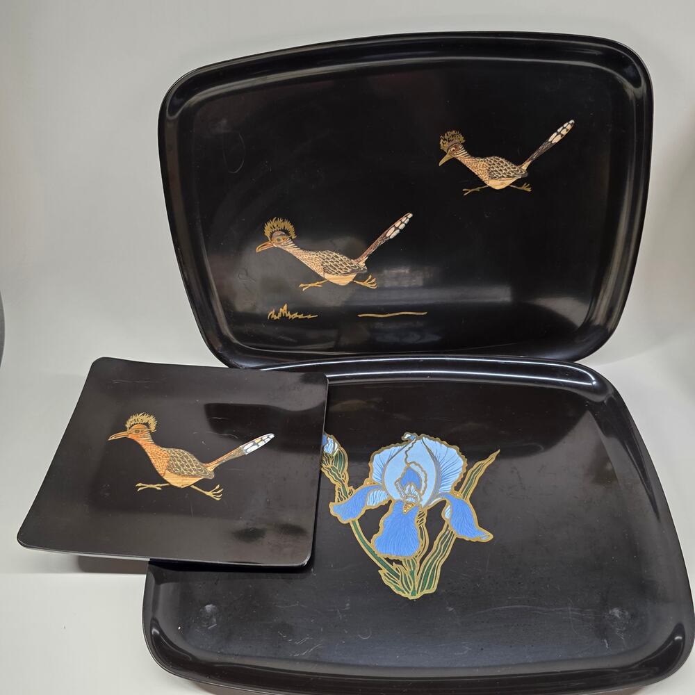 Couroc Serving Tray Set Roadrunner Iris Black Inlay 3pc Vintage